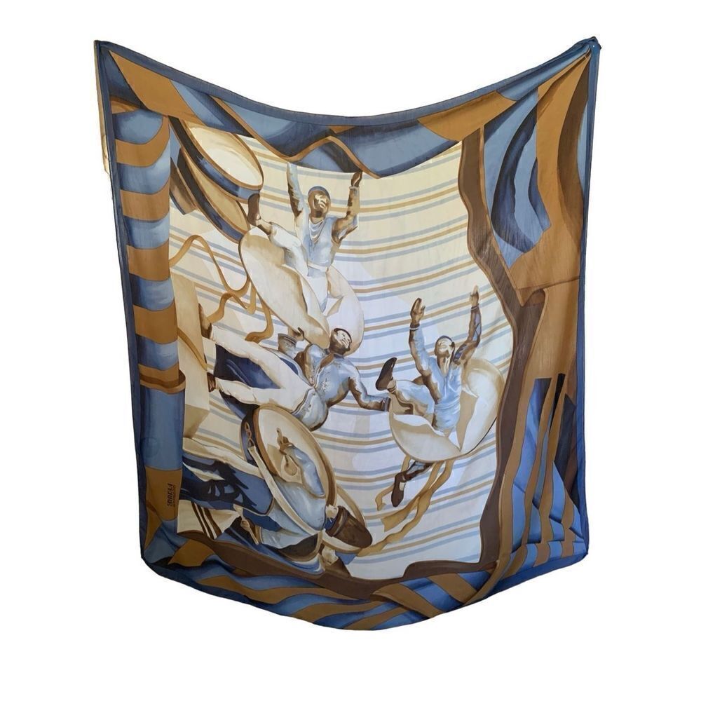 Gianfranco Ferre Vintage Dancing Figure Motif Silk Scarf 50”x 50” Blue Multi